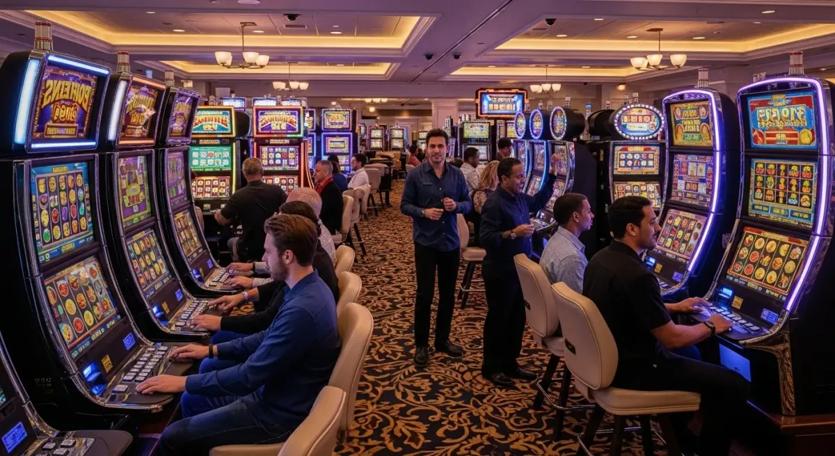 Coin Up: Lightning People playing slot machines in a busy casino