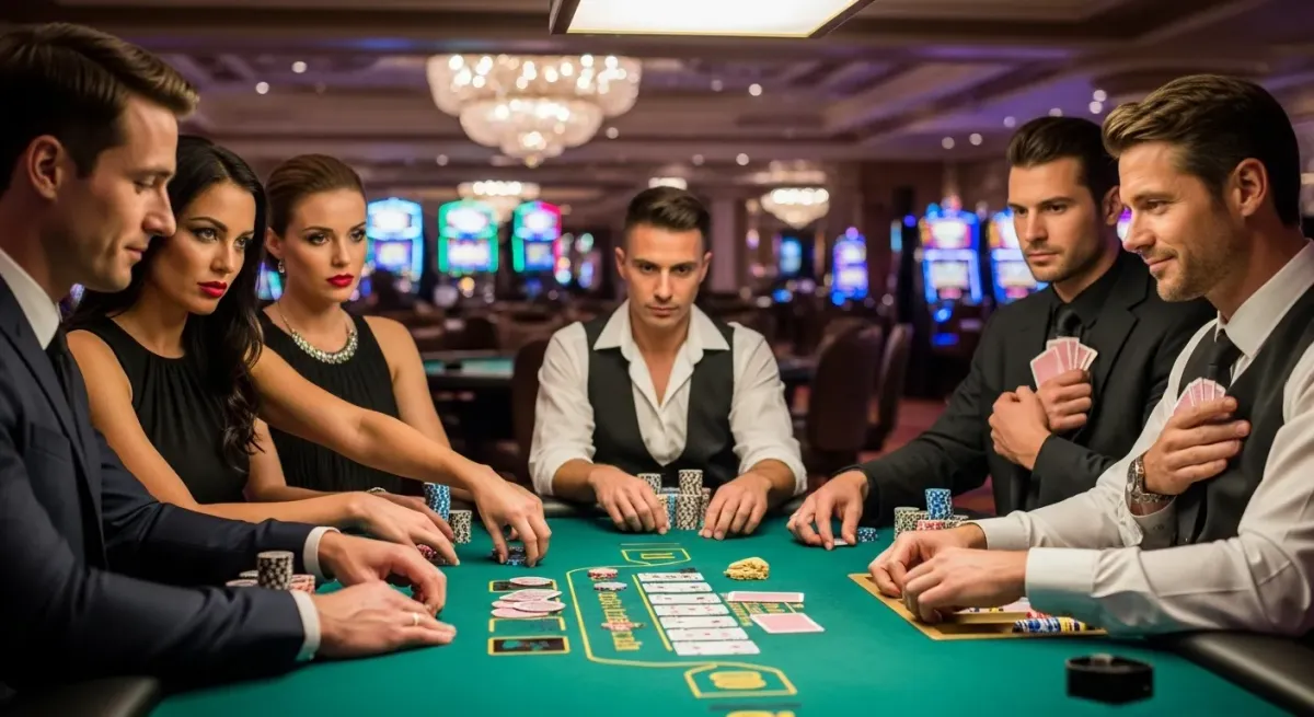 Coin Up: Lightning Half a dozen elegantly attired individuals engaged in a card game at a casino table.