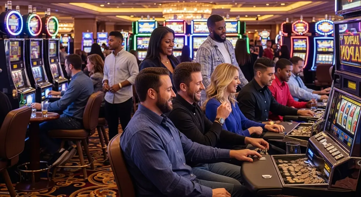 Coin Up: Lightning Diverse group of people enjoying slot machines at a bustling casino