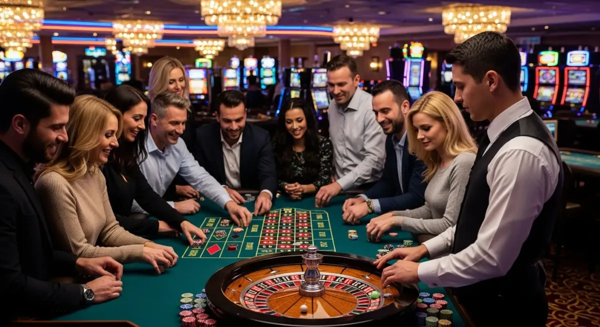 Coin Up: Lightning Smiling people playing roulette with a dealer at a casino table