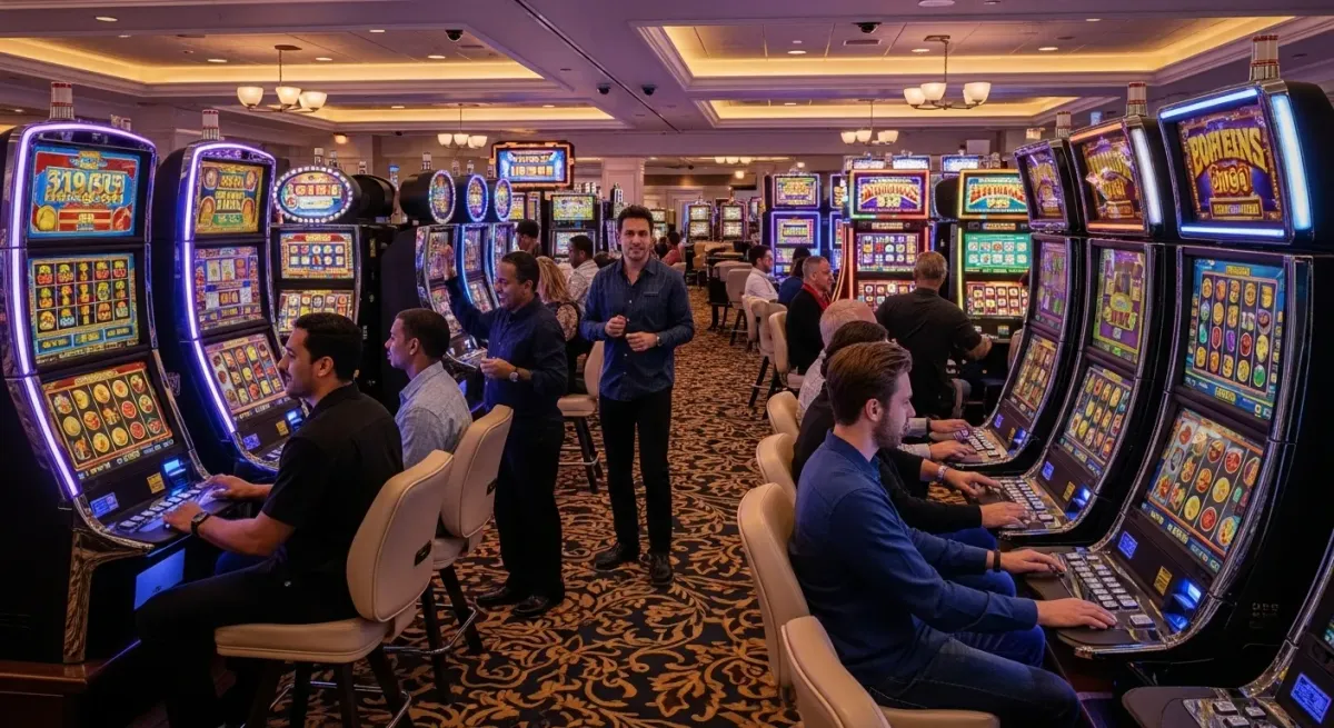 Coin Up: Lightning Casino floor with multiple slot machines and people gambling