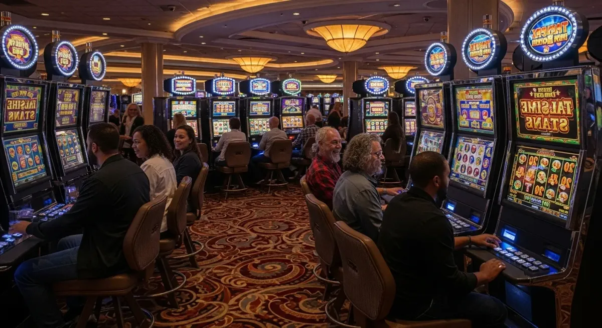 Coin Up: Lightning Individuals operating slot machines within an active casino environment.
