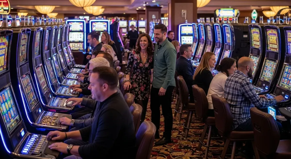 Coin Up: Lightning Excited couple in casino with many patrons playing bright slot machines